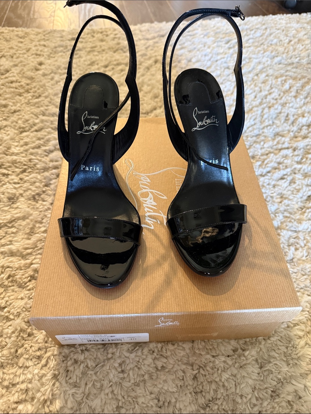 Christian Louboutin Black Patent Leather Open-Toe Slingback Heels - Picture 1 of 7